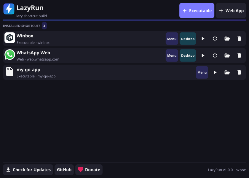 LazyRun main window